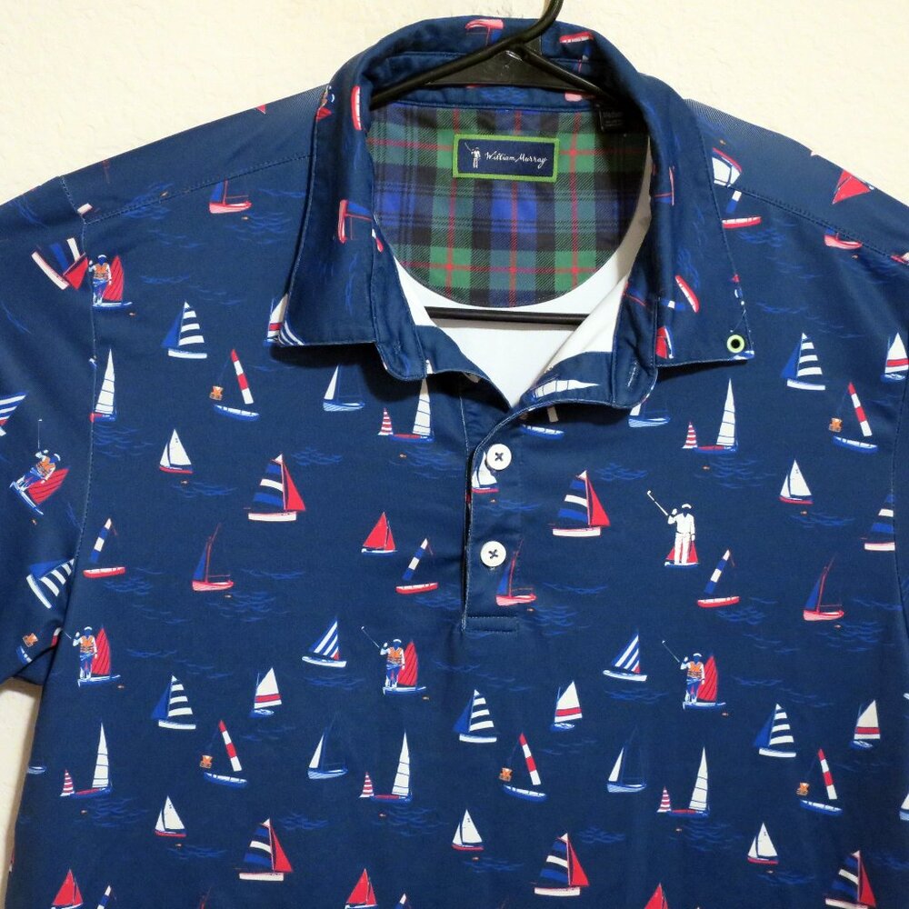 William Murray Shirt Mens Medium Short Sleeve Performance Polo Blue Sailboats